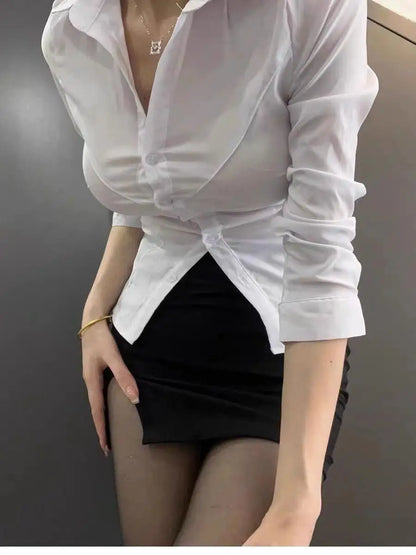 Women's Slim Fit Shirt White Waist-Cinching Design Spring Autumn New Korean Style Short Length Button up Pure Color  Neck
