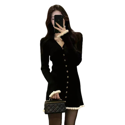 Elegant Black Knitted  Dress Women's Fashion Autumn Winter 2025 New Style High-End Feelings A-Line Skirt V-Neck Long Sleeve