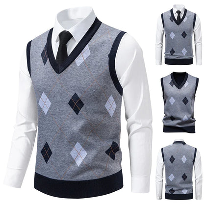 Men's Knitted Warm Sweater in Autumn and Winter V-neck Vest Diamond Grid Twisted Flower Casual Fashion Versatile Top