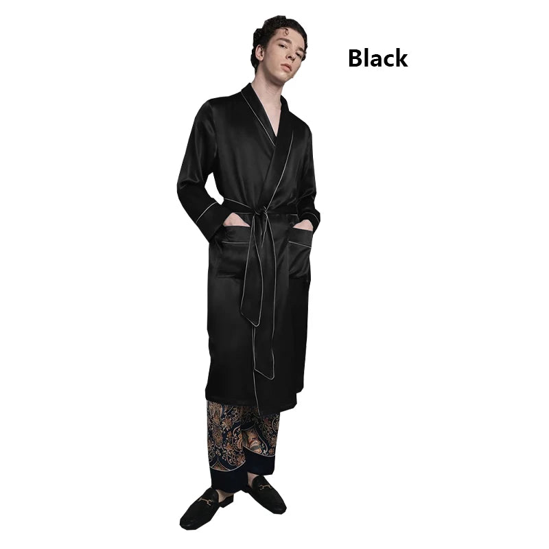 100% Natural Silk Men's Long Nightgown Navy Blue Casual Lounging Dress Comfortable Loose Size 5XL Weight 150KG Pajamas Cool