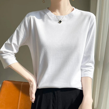 Summer Cotton Short-Sleeved T-Shirt Women's Round Neck Seven-Point Sleeves Loose Mercerized Cotton Half-Sleeve Shirt New T-shirt