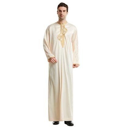TH819 Men's Muslim Middle Eastern Men Long Sleeves Stand Collar Silk Emboridery Robe Male Ramadan Eid Jubba Thobe