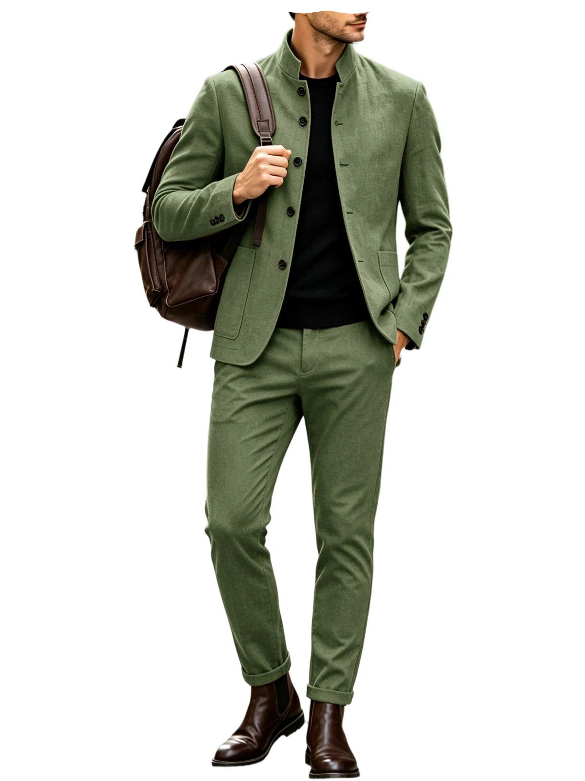 Men's Linen Stand Collar Suit 2-Piece Blazer & Pants Set Slim Fit Business Casual Tuxedo Jacket Trousers Formal Wedding Outfit