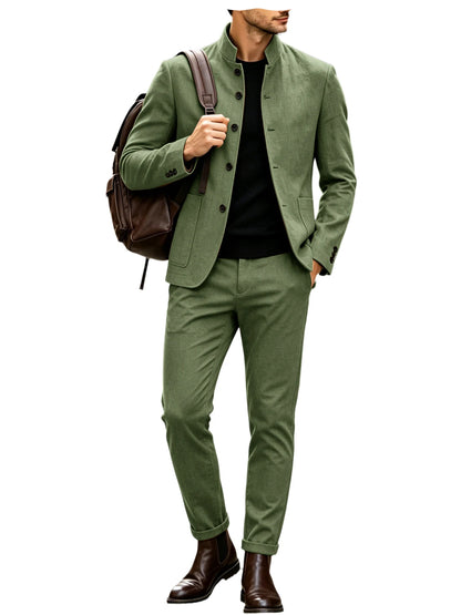 Men's Linen Stand Collar Suit 2-Piece Blazer & Pants Set Slim Fit Business Casual Tuxedo Jacket Trousers Formal Wedding Outfit