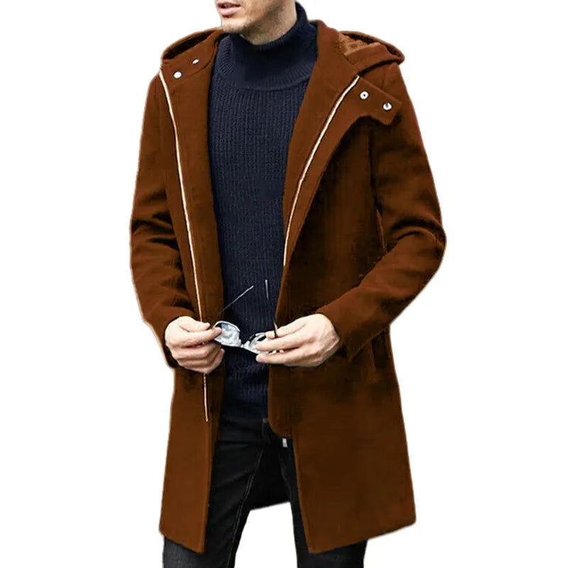 Autumn Winter Men's Woolen Coat Casual Fashion Hooded Zipper Coats Mid-length Men's Lining Clothing