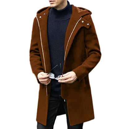 Autumn Winter Men's Woolen Coat Casual Fashion Hooded Zipper Coats Mid-length Men's Lining Clothing