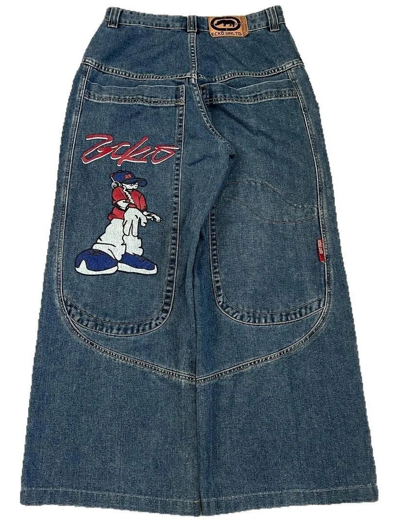 Retro Y2K American Street Style Loose Casual Wide Leg Denim Jeans Big Pocket Pattern Print Trendy mid Waist Cotton Blend