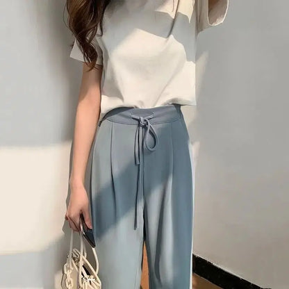 Ice Silk High Waist Wide Leg Pants Women Summer Loose Thin Straight Casual Trousers Korean Style Polyester Fiber Skin-friendl...