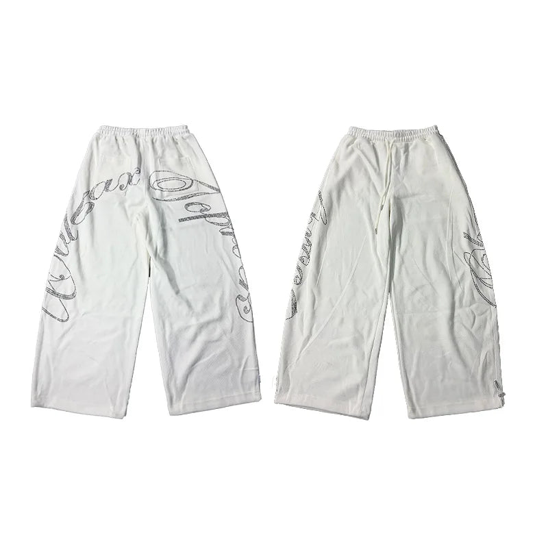 ROKBBK-K Glitter High Waist Wide Leg Pants Women's Street Dance Casual Loose Fashion Cotton Drill Lettering Trousers