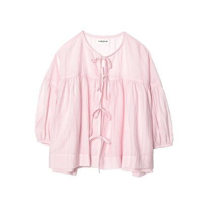 Shirt women 2025 imakokoni original summer art loose handmade hook flower tied rope cardigan top 255002