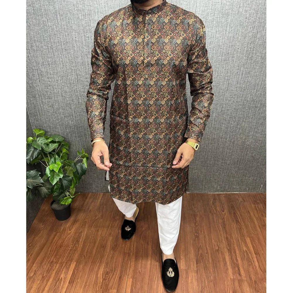 2026 Men Digital Printed Kurta Vardha Regular Fit Mandarin Collar Long Suitable All Occasions Such Wedding Hari Raya Aidilfitri
