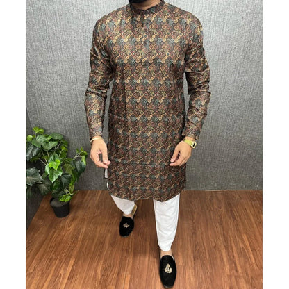2026 Men Digital Printed Kurta Vardha Regular Fit Mandarin Collar Long Suitable All Occasions Such Wedding Hari Raya Aidilfitri