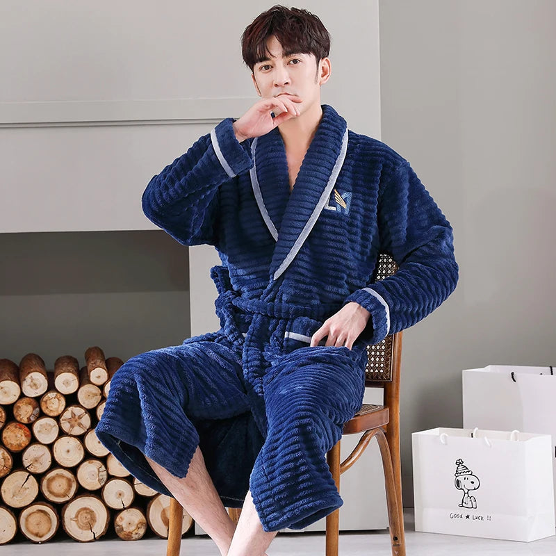 Men Sleepwear Robe Winter Flannel Thicken Terry Robe Male Long Sleeve Kimono Warm Bathrobe Home Wear Peignoir Men Robe