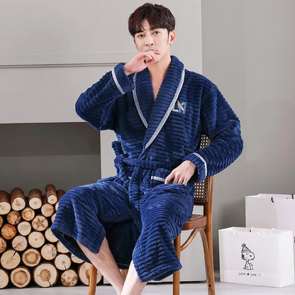 Men Sleepwear Robe Winter Flannel Thicken Terry Robe Male Long Sleeve Kimono Warm Bathrobe Home Wear Peignoir Men Robe