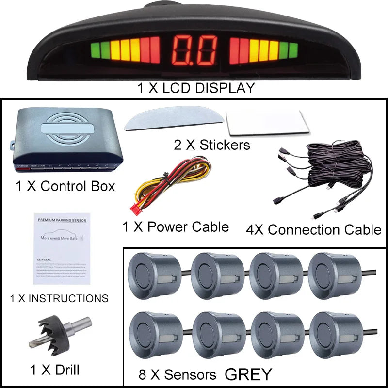 8 Parking Sensors Car Reverse Radar LED Display Buzzer Reverse Assist System Rear Detection Kit