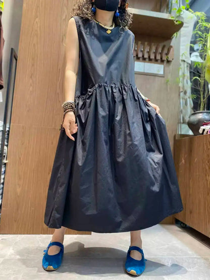 Minimalist Style Pleated Sleeveless Dress Women Black Waist-cinching Casual Long Dress Black XY335