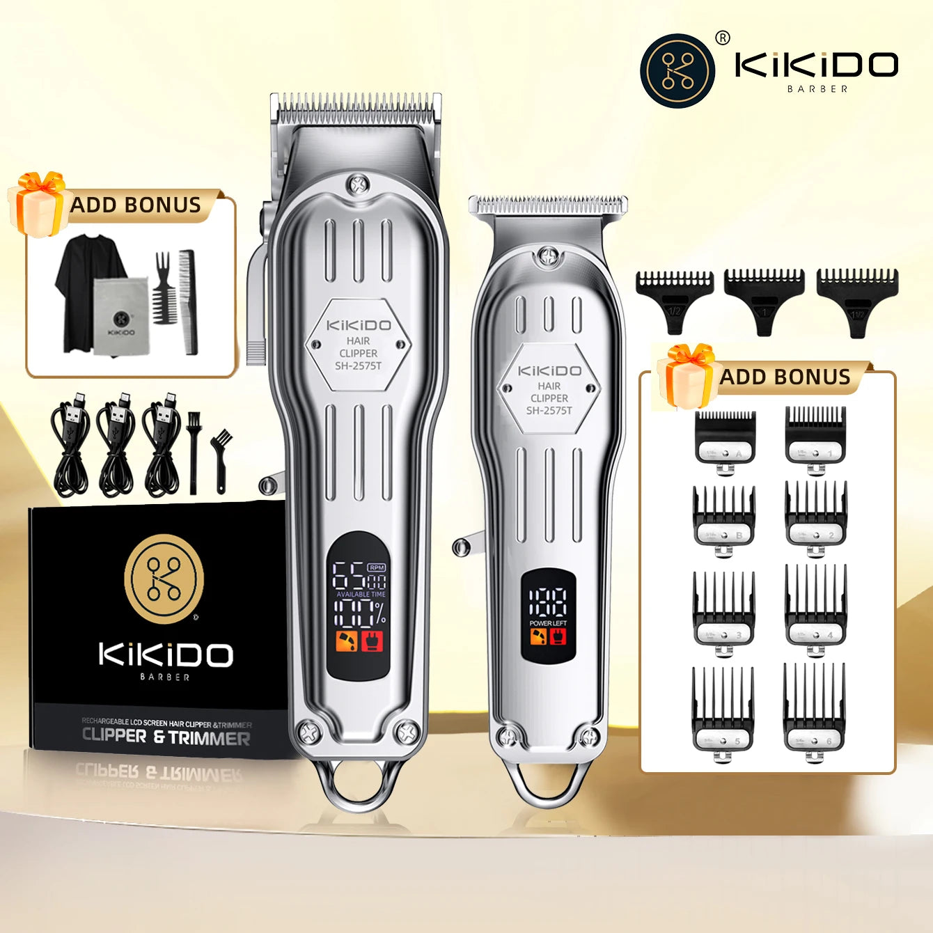 KIKIDO Professional Cordless Hair Clipper SH-2575T LCD Display Barber Trimmer Kit for Men Rechargeable 6 Combs