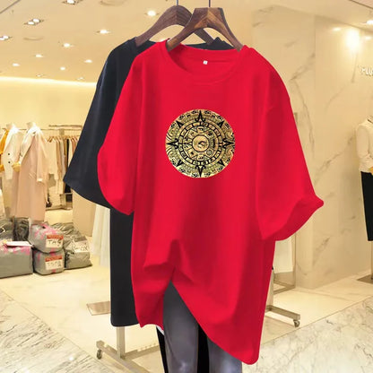 Women Fashion Pure Cotton Y2k Short Sleeve T-shirt Summer Casual Loose Paisley Printing Top Tee Office Lady Basic Pullover M-6XL