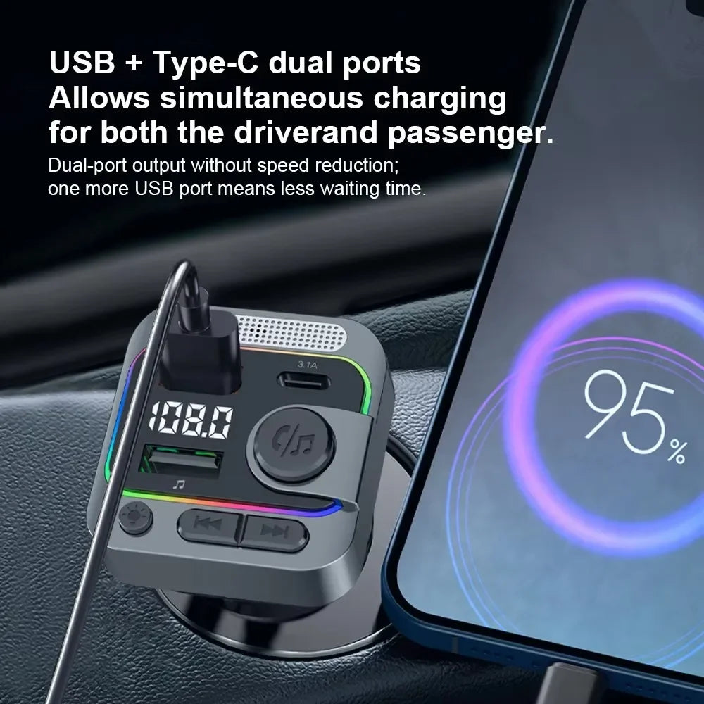 Bluetooth 5.3 Car FM Transmitter with Wireless Microphone MP3 Player Type-C Dual USB Charging Hands-Free Calling TF Card Support