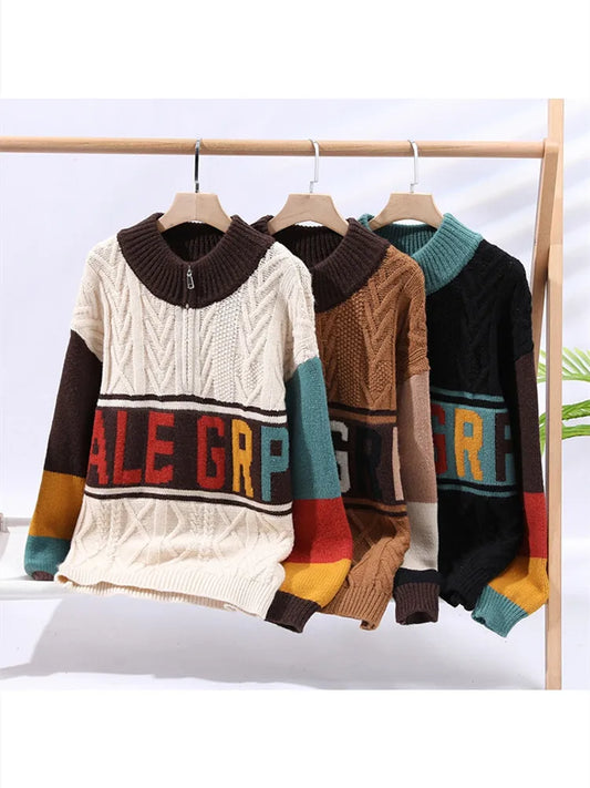 Autumn/winter Fashion Trend Retro Sports Thickened Warm Knitted Sweater Men's Loose Comfortable Large Size High Quality Sweater