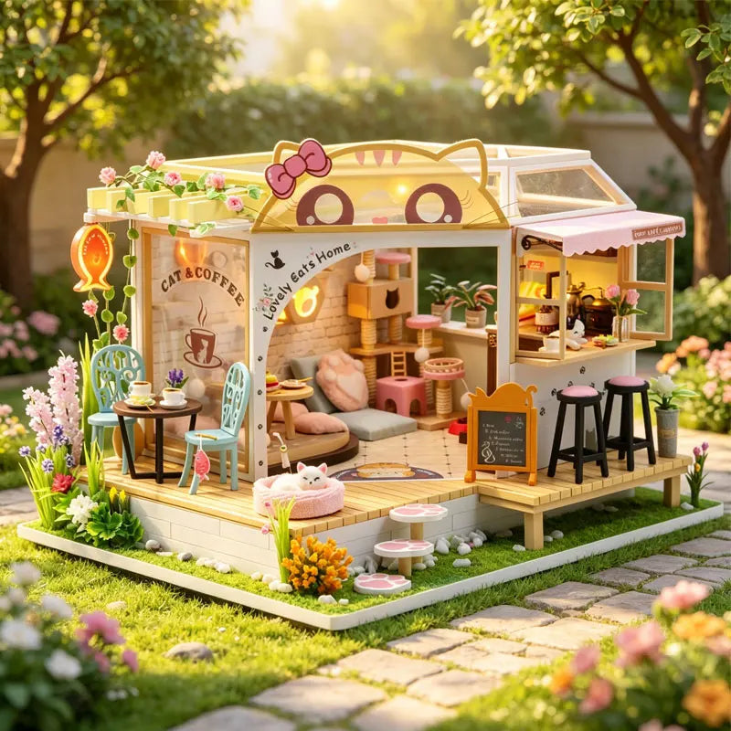 Wooden Doll House Cat Cafe Mini DIY Small House Kit Making Room Toys Home Bedroom Decoration with Furniture For Gifts Dollhouse