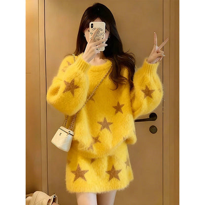 Fashionable Yellow Print Sweater High Waist Skirt Two Piece Set Slimming Effect Comfortable Fit Casual Winter Wear for Women