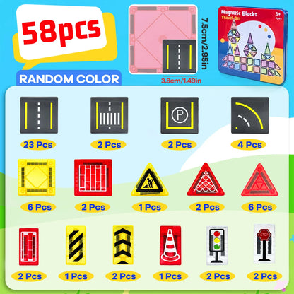 Magnetic Road Construction Set Toys For Kids Gift Magnetic Building Blocks Montessori Educational Toys 32/58PCS With Iron Box