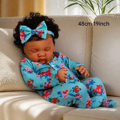 AONPENG 48CM Lifelike Asleep Reborn Baby Doll Toy with Black Brown Skin Vinyl Limbs Cloth Body Handmade Birthday Gift for Kids