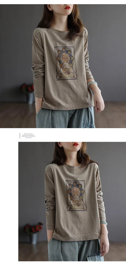 Retro Star Moon Pure Cotton Long Sleeve Pink Anti-Aging T-Shirt Women Loose Fashionable Spring Autumn Ladies Base Shirt Top
