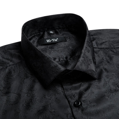 Hi-Tie Mens Shirts Jacquard Paisley Floral Long Sleeve Lapel Shirt Blouse Outerwear Wedding Office Breathable High Quality