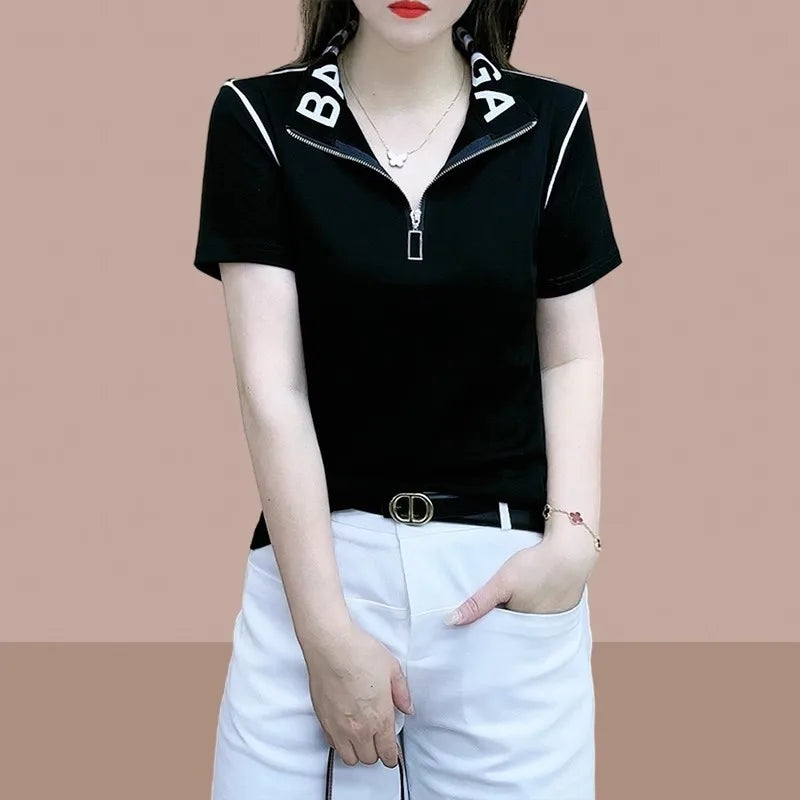 Slimming Short Sleeve Zipper T-Shirt Women's Korean Style Commute Fashion Mid-Year Mom Ladies Shirt Stand Collar Half Zipper