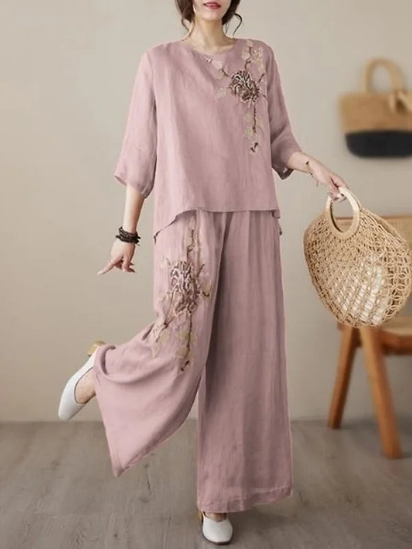 plus Size Women's Retro Cotton Linen Set Wide Leg Pants Slimming Mom Two Piece Suit Spring Fashion Korean Style Commute Wear