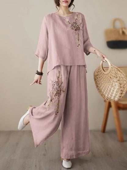 plus Size Women's Retro Cotton Linen Set Wide Leg Pants Slimming Mom Two Piece Suit Spring Fashion Korean Style Commute Wear