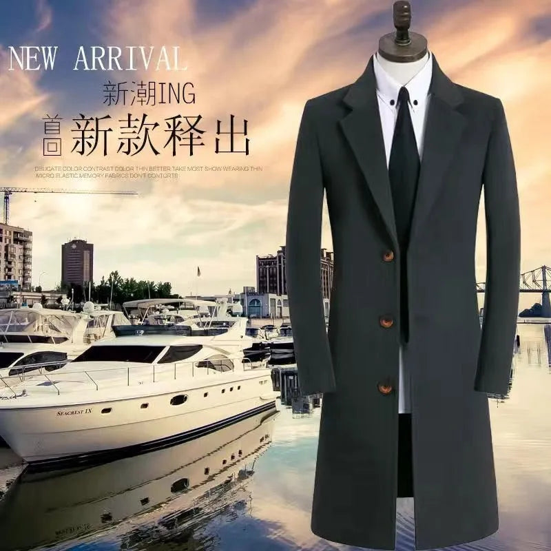 Winter New Men's Mid-Length Woolen Coat Double-Faced Cashmere Warm Business Style Korean Version Travel Suitable Single-Button
