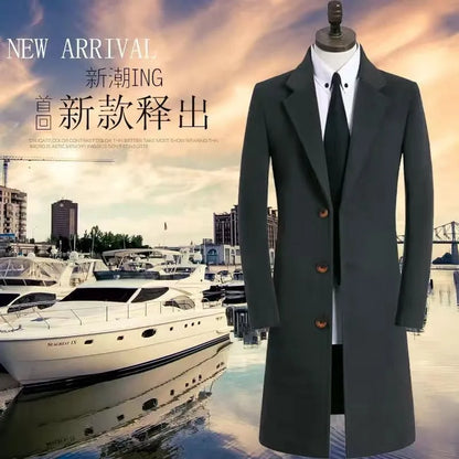 Winter New Men's Mid-Length Woolen Coat Double-Faced Cashmere Warm Business Style Korean Version Travel Suitable Single-Button