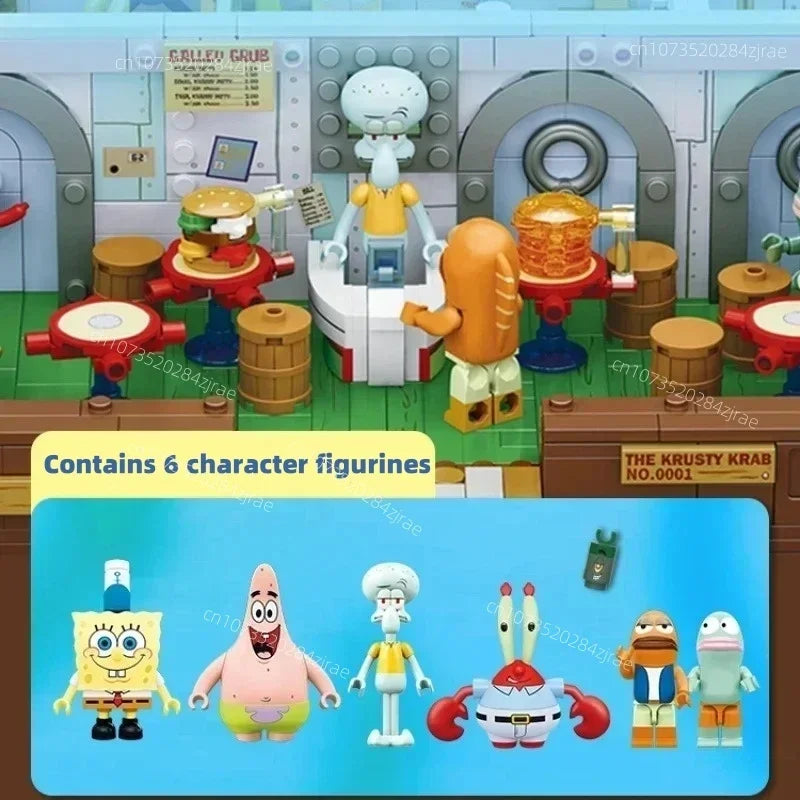 Spongebob building block cartoon Krusty Krab creative restaurant scene model Patrick Star assembly toy children's birthday gift