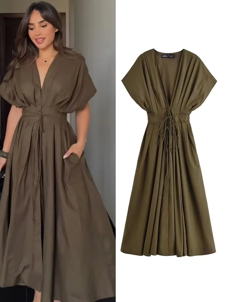 HH Women's Summer Fashion V-neck Lace-up Midi Short Sleeve Dress Female Elegant Backless Pleated Sexy Waist Long Dress