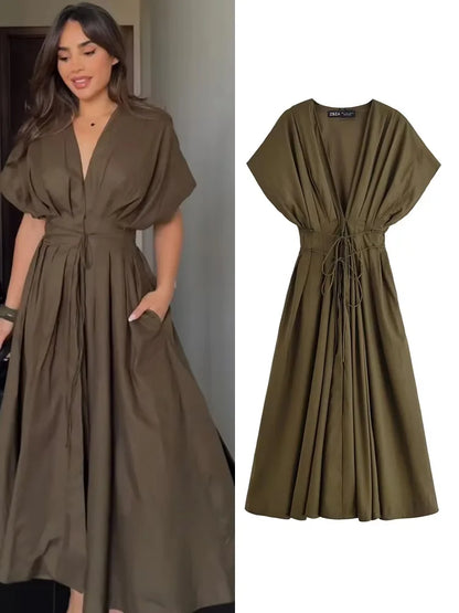 HH Women's Summer Fashion V-neck Lace-up Midi Short Sleeve Dress Female Elegant Backless Pleated Sexy Waist Long Dress
