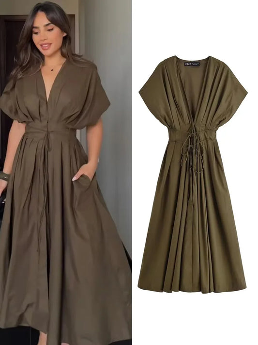 HH Women's Summer Fashion V-neck Lace-up Midi Short Sleeve Dress Female Elegant Backless Pleated Sexy Waist Long Dress