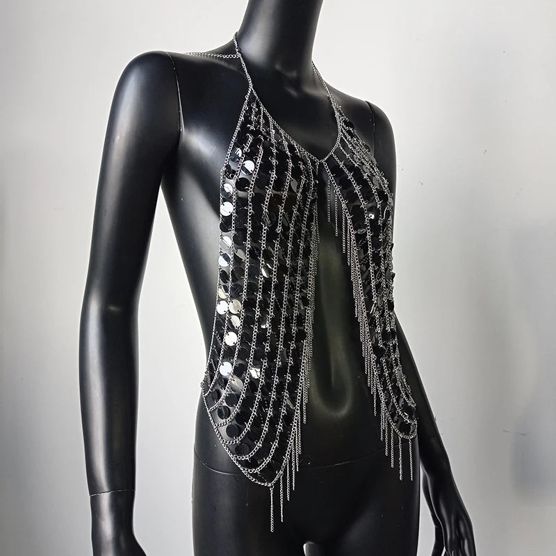 AKYZO Sequined Crop Tops for Women Metal Chain Tassel Nightclub Dance Wear Party Burning Outfits Plastic Tank Top Sexy Festival