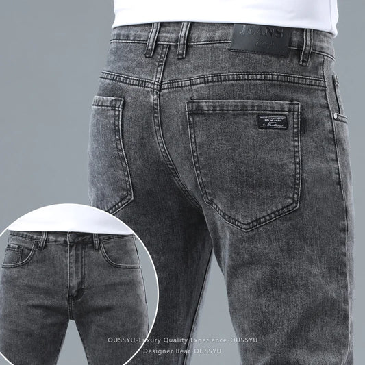 Spring Summer Stretch Pencil Cargo Jeans Gray Men High Street Casual Denim Trousers Fashion Straight Little Feet Men's Pants Man