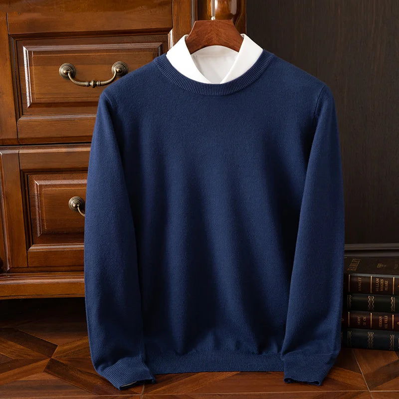 Autumn Winter Men's O-Neck Merino Wool Sweater New Versatile Basic Cashmere Pullover Casual Business Knitwear Sweater