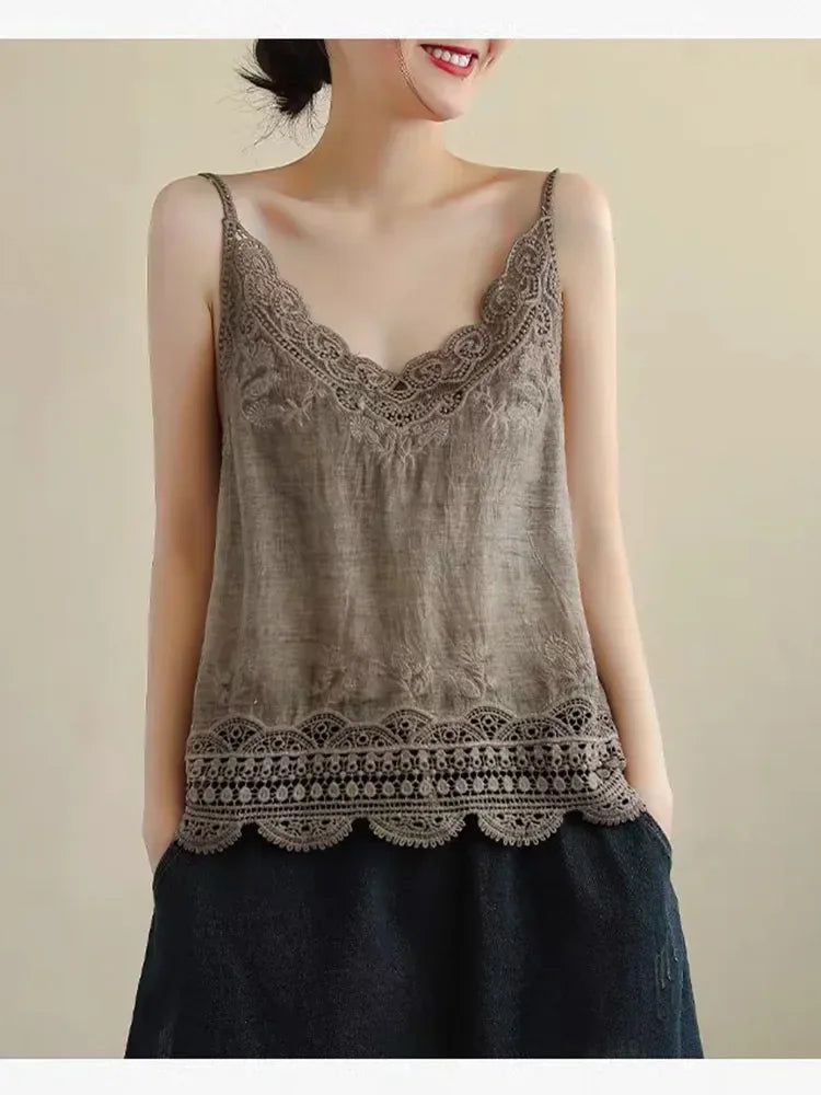 Summer New Retro Bohemian Embroidery Lace V-neck Age Reduction Cotton Camisole Female Sweet Blouse Women KK520