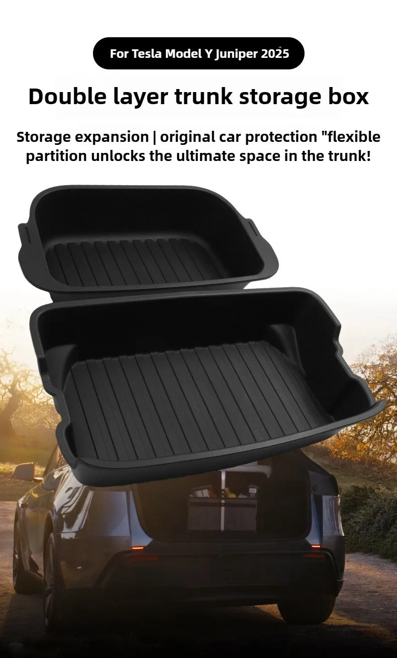 For Tesla Model Y Juniper 2021-2025 Launch Front&Rear Trunk Storage Box Double-Deck Luggage Frunk Organizer Box Dustproof Cargo