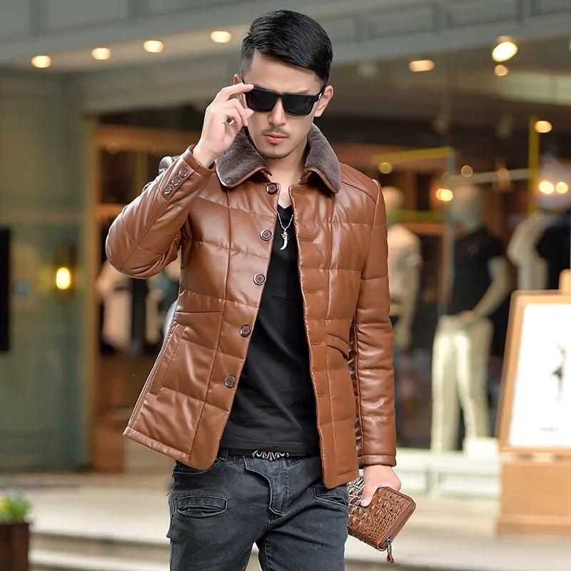 Winter Lapel Fur Collar Leather Jacket Down Jacket Men Slim Fit Korean  Down Coat Male Warm Duck Down Puffer Jacket Man 2024 New