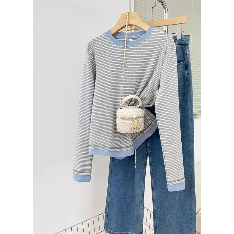 Spring New Style Color Block Long Sleeve round Neck Base Shirt Women's Retro Striped T-Shirt Asymmetrical Hemline Casual Cotton