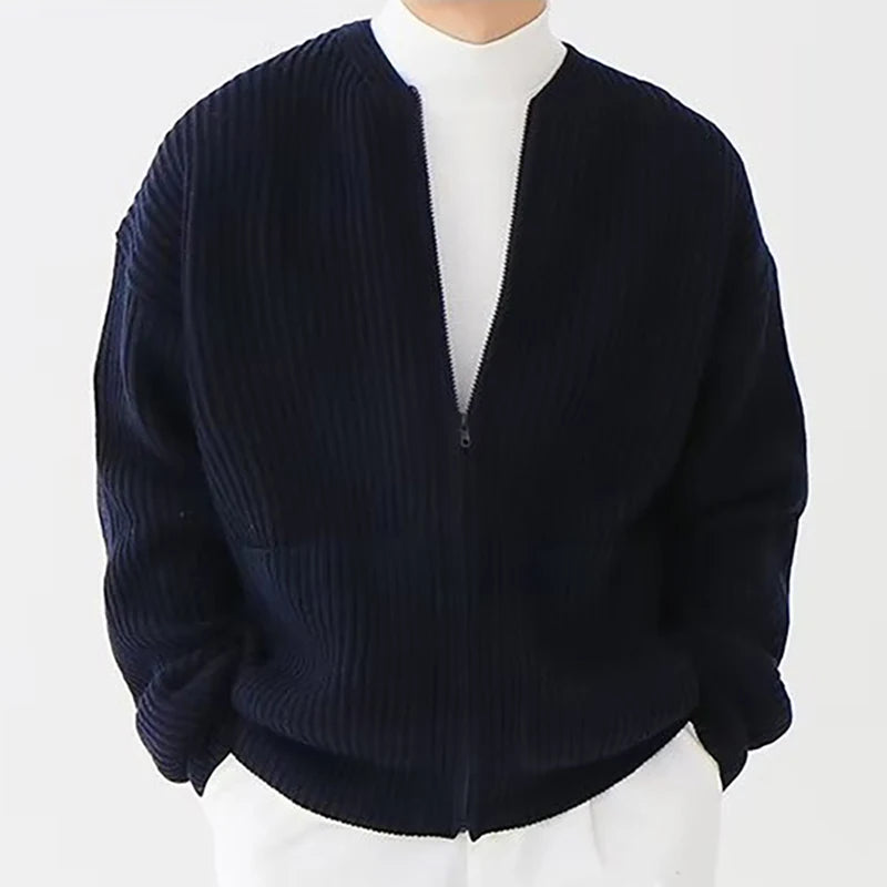 Men's Solid Color Zipper Cardigan Sweater Winter New Multiple Pockets Knit Sweater Coats Casual Stand Collar Cardigan Outerwear