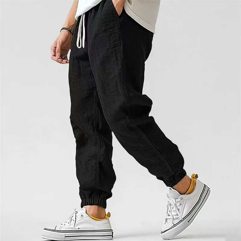 Men's Cotton Linen Casual Pants Baggy Streetwear Men Joggers Sports Trousers Solid Color Long Straight Trendy Pants for Men
