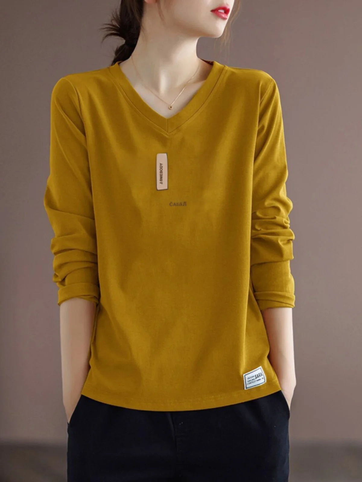 Pure Cotton Long Sleeve Women's T-shirt Autumn Season Versatile Base Layer Top Commute Style Loose Fit Regular Thickness
