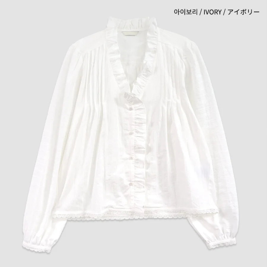 Chic V-Neck Plaid Shirt Women's Sweet Earlet Lace Trim Bubble Sleeve Top Commute Style Loose Fit Skin-Friendly Breathable